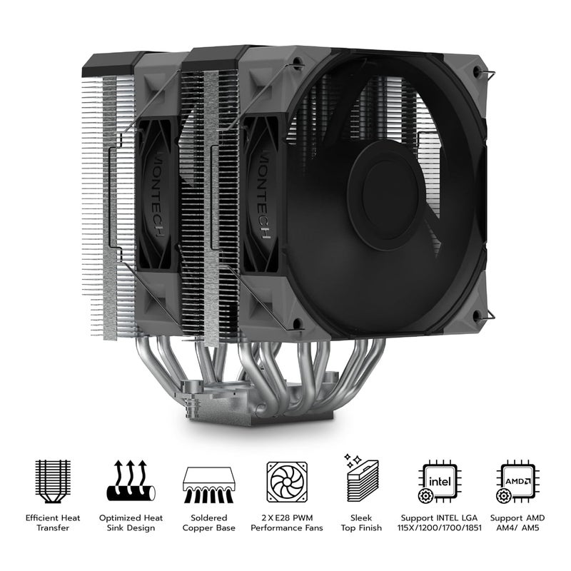 MONTECH NX600 Dual-Tower CPU Air Cooler with 6 Heatpipes & Premium Top Cover | 28mm E28 PWM Premium Fan | Soldered Copper Base | Superior Heat Dissipation | All Intel & AMD Socket Support | Black - Image 2